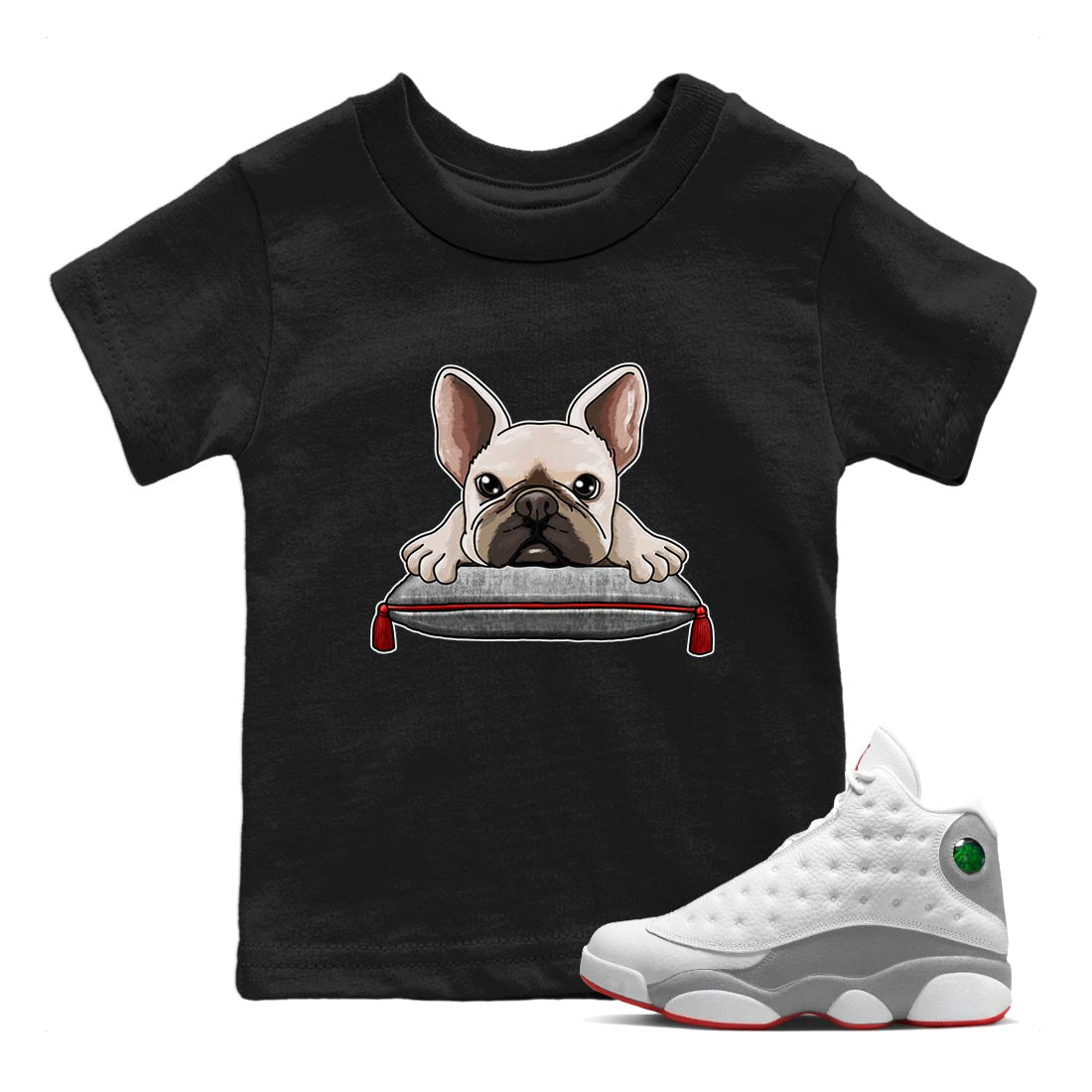AJ13 Wolf Grey Sneaker Match Tees French Bulldog Streetwear Sneaker Shirt Air Jordan 13 Wolf Grey Drip Gear Zone Sneaker Matching Clothing Kids Shirts Black 1