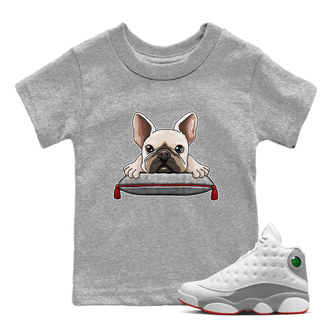 AJ13 Wolf Grey Sneaker Match Tees French Bulldog Streetwear Sneaker Shirt Air Jordan 13 Wolf Grey Drip Gear Zone Sneaker Matching Clothing Kids Shirts Heather Grey 1