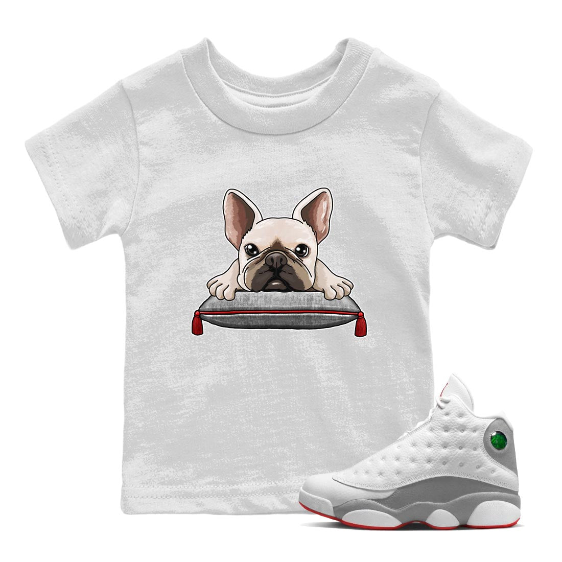 AJ13 Wolf Grey Sneaker Match Tees French Bulldog Streetwear Sneaker Shirt Air Jordan 13 Wolf Grey Drip Gear Zone Sneaker Matching Clothing Kids Shirts White 1