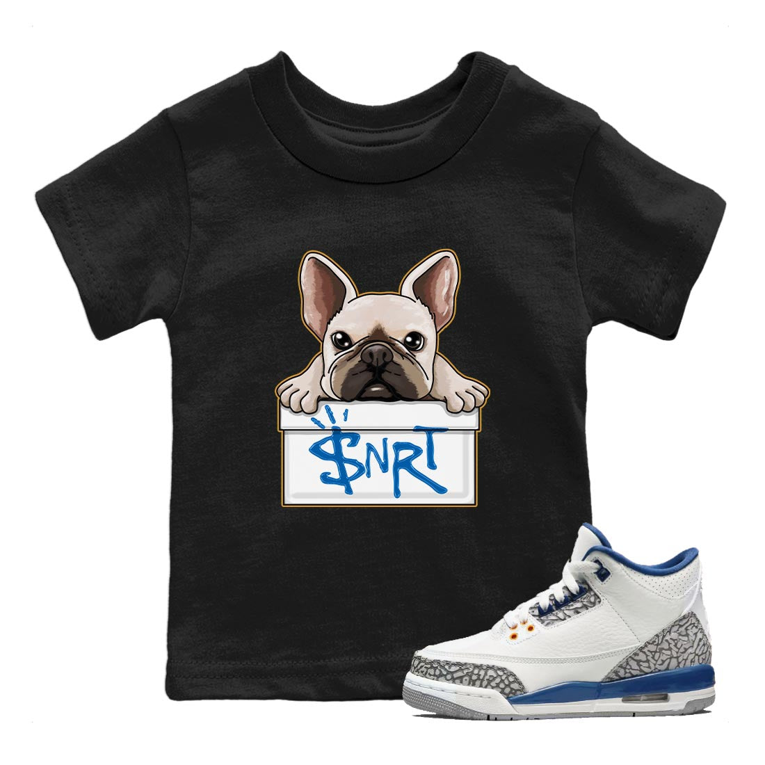 Air Jordan 3 Wizards Sneaker Match Tees French Bulldog Streetwear Sneaker Shirt Air Jordan 3 Wizards Sneaker Release Tees Kids Shirts Black 1