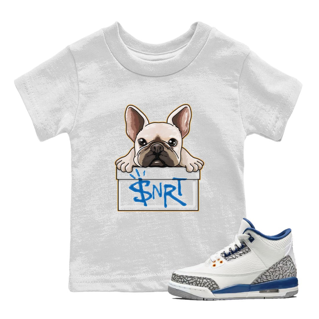 Air Jordan 3 Wizards Sneaker Match Tees French Bulldog Streetwear Sneaker Shirt Air Jordan 3 Wizards Sneaker Release Tees Kids Shirts White 1