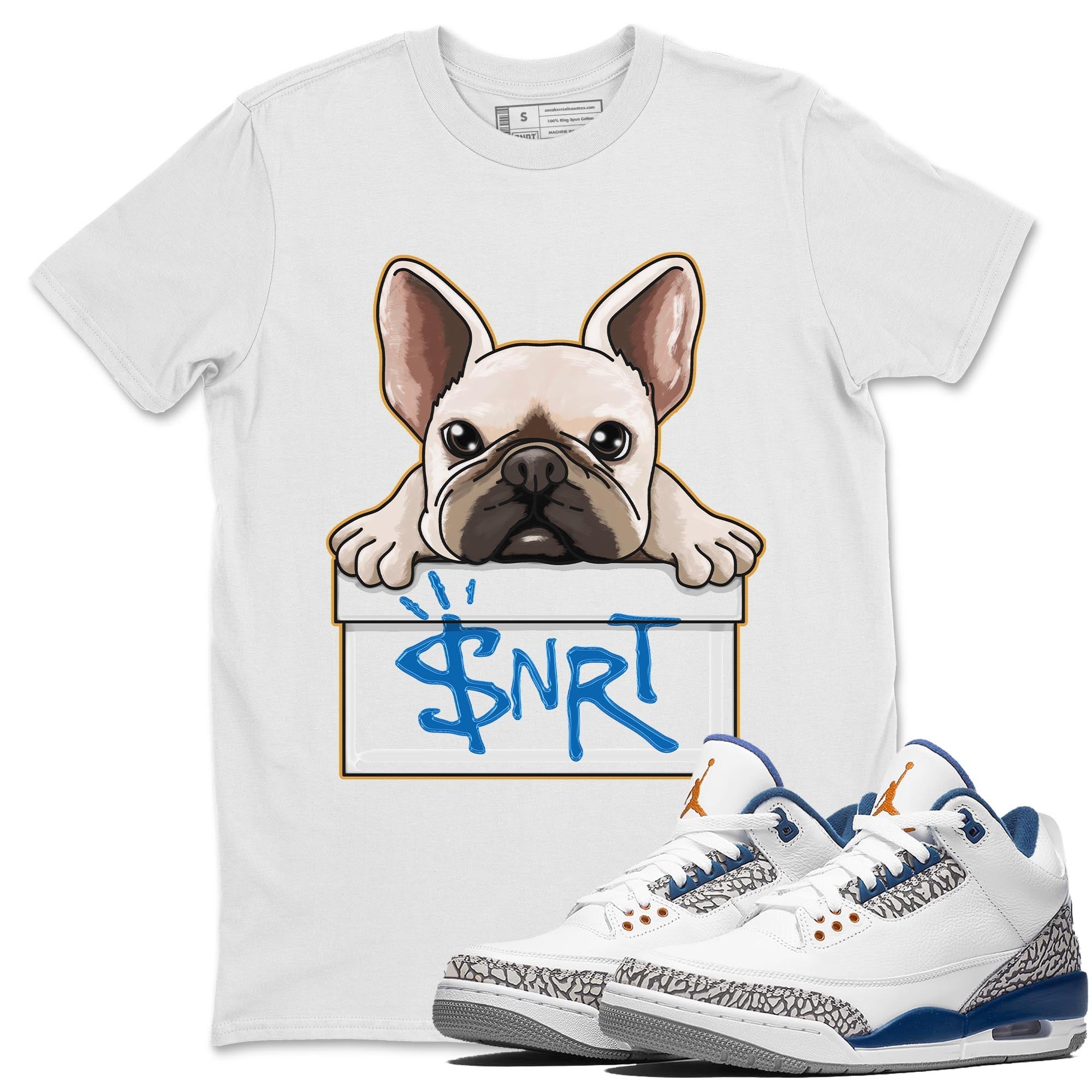Air Jordan 3 Wizards Sneaker Match Tees French Bulldog Streetwear Sneaker Shirt Air Jordan 3 Wizards Sneaker Release Tees Unisex Shirts White 1