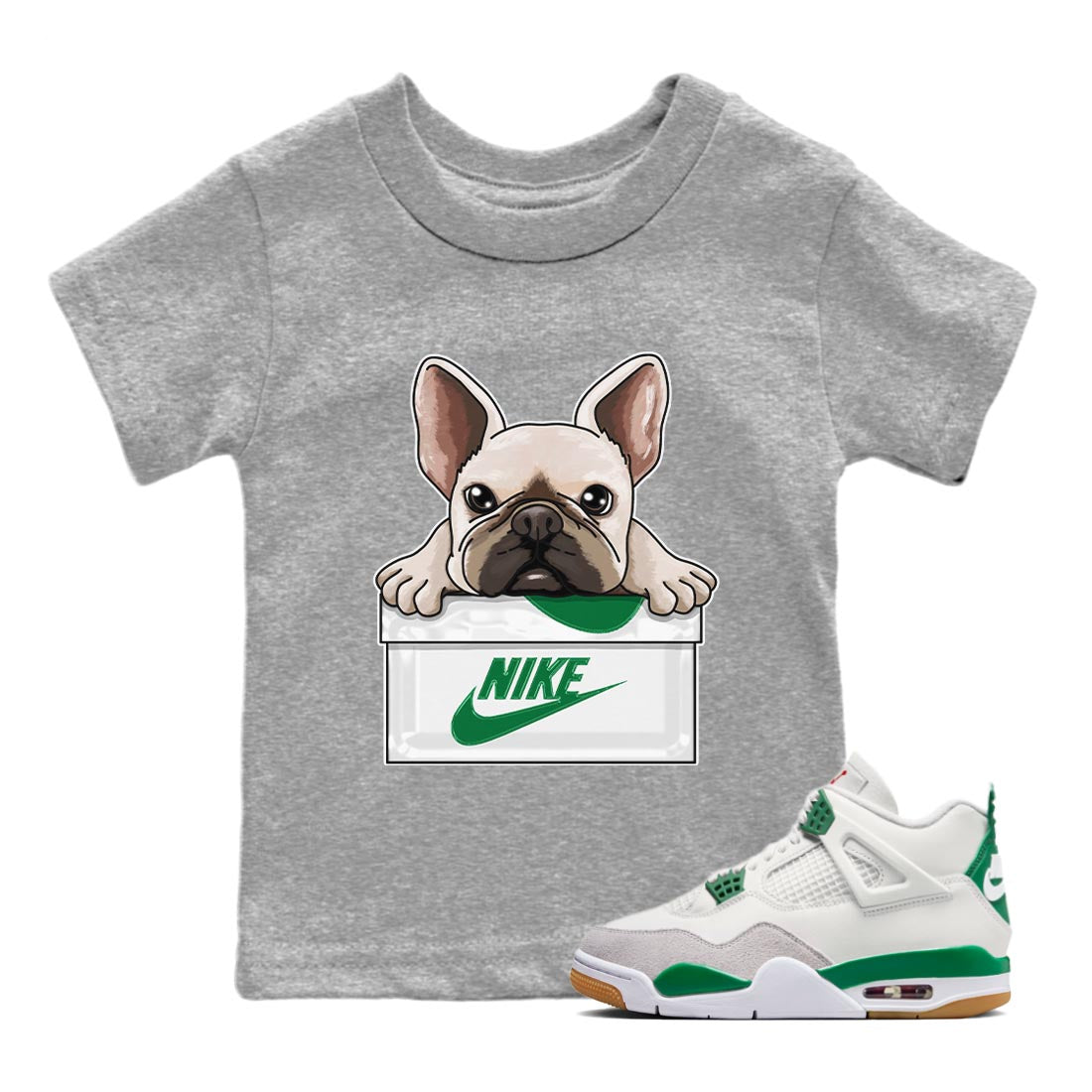 Air Jordan 4 Pine Green Sneaker Match Tees French Bulldog Streetwear Sneaker Shirt AJ 4s Pine Green Sneaker Release Tees Kids Shirts Heather Grey 1