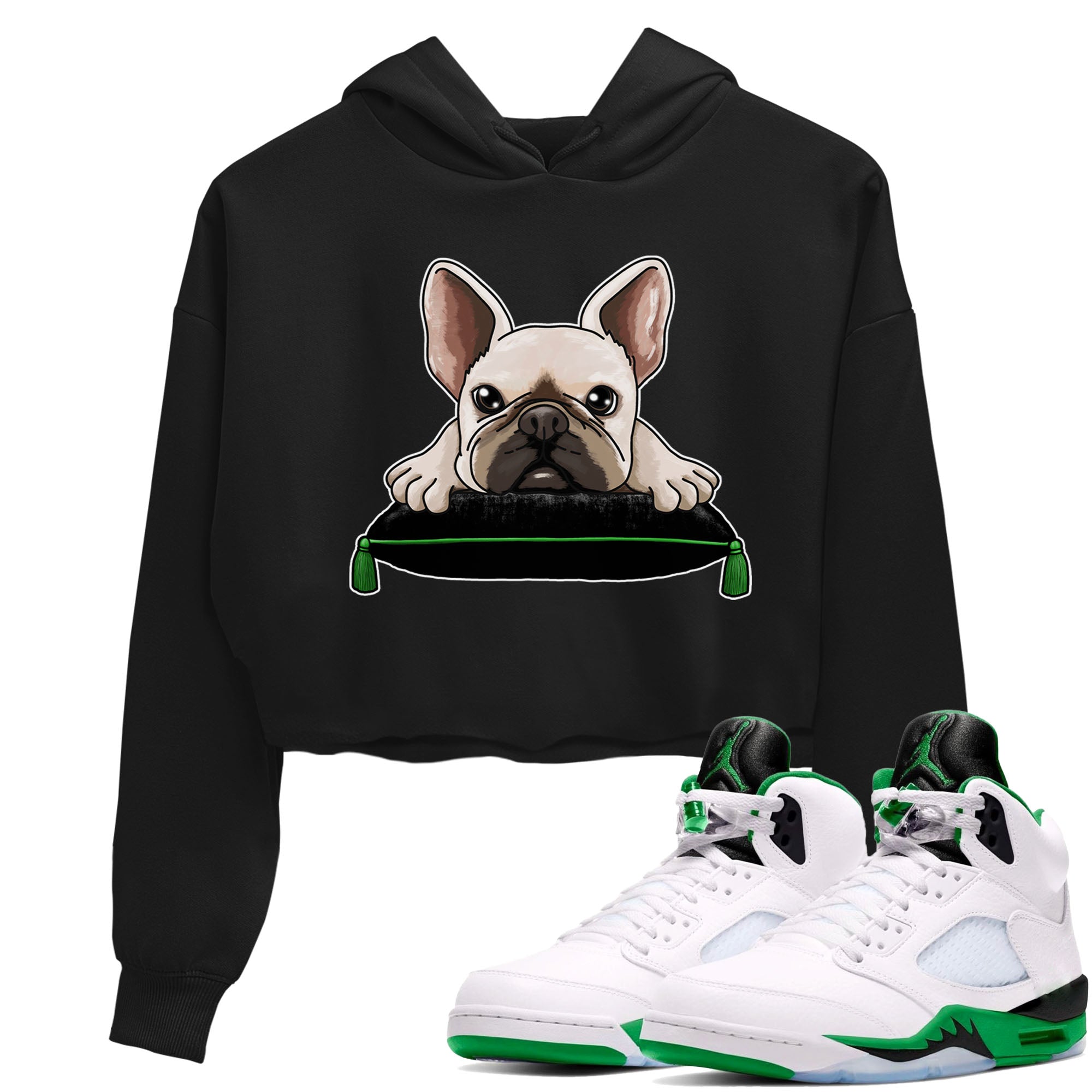 5s Lucky Green shirt to match jordans French Bulldog sneaker tees Air Jordan 5 Lucky Green Drip Gear Zone Black 1 crop length shirt