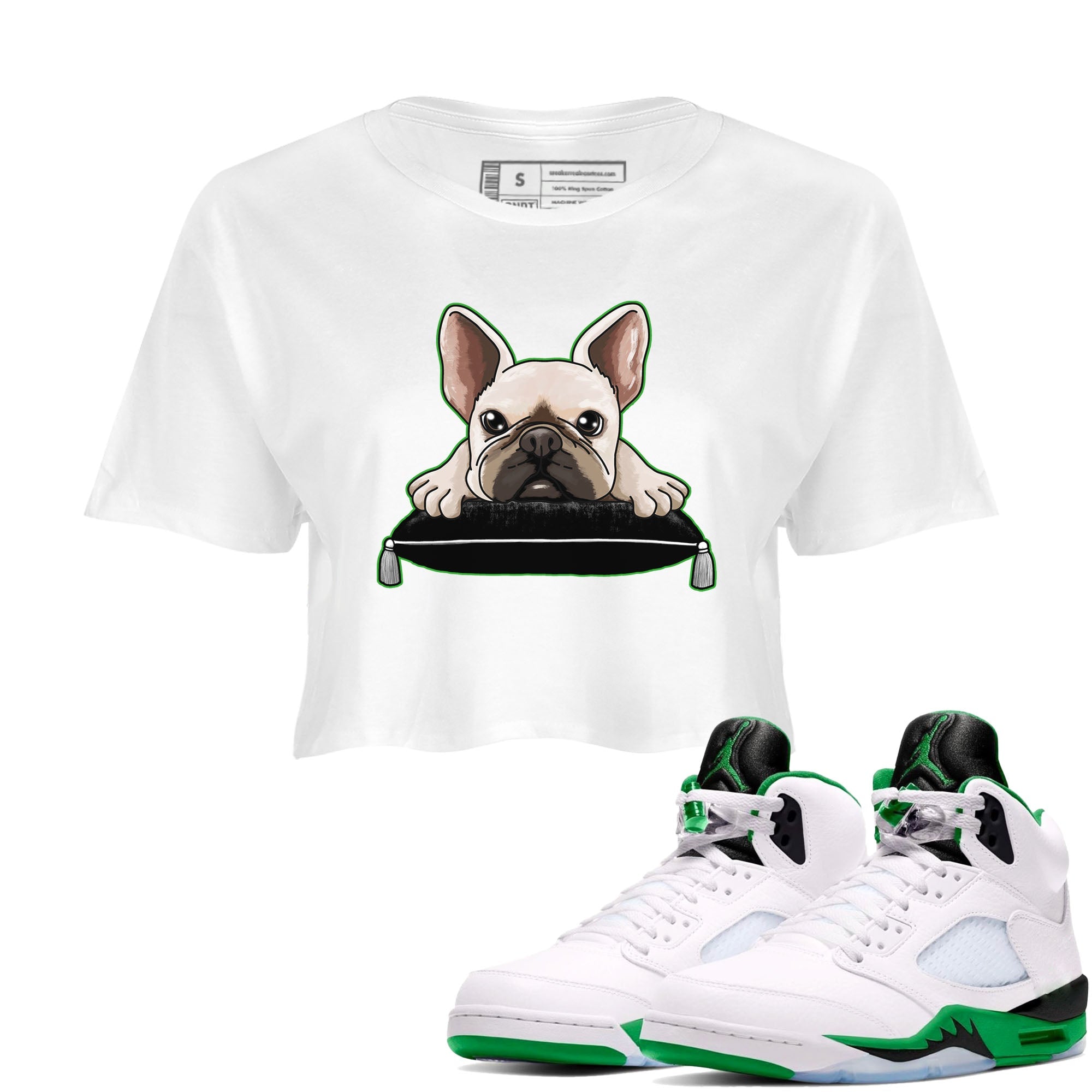 5s Lucky Green shirt to match jordans French Bulldog sneaker tees Air Jordan 5 Lucky Green Drip Gear Zone White 1 crop length shirt