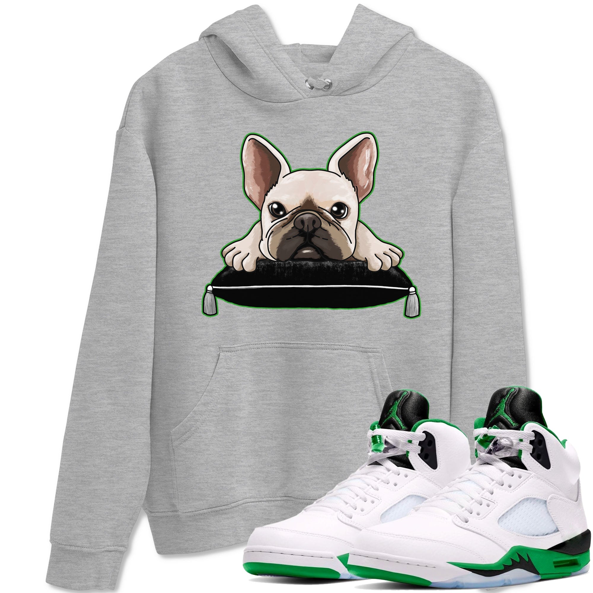 5s Lucky Green shirt to match jordans French Bulldog sneaker tees Air Jordan 5 Lucky Green Drip Gear Zone unisex cotton Heather Grey 1 crew neck shirt