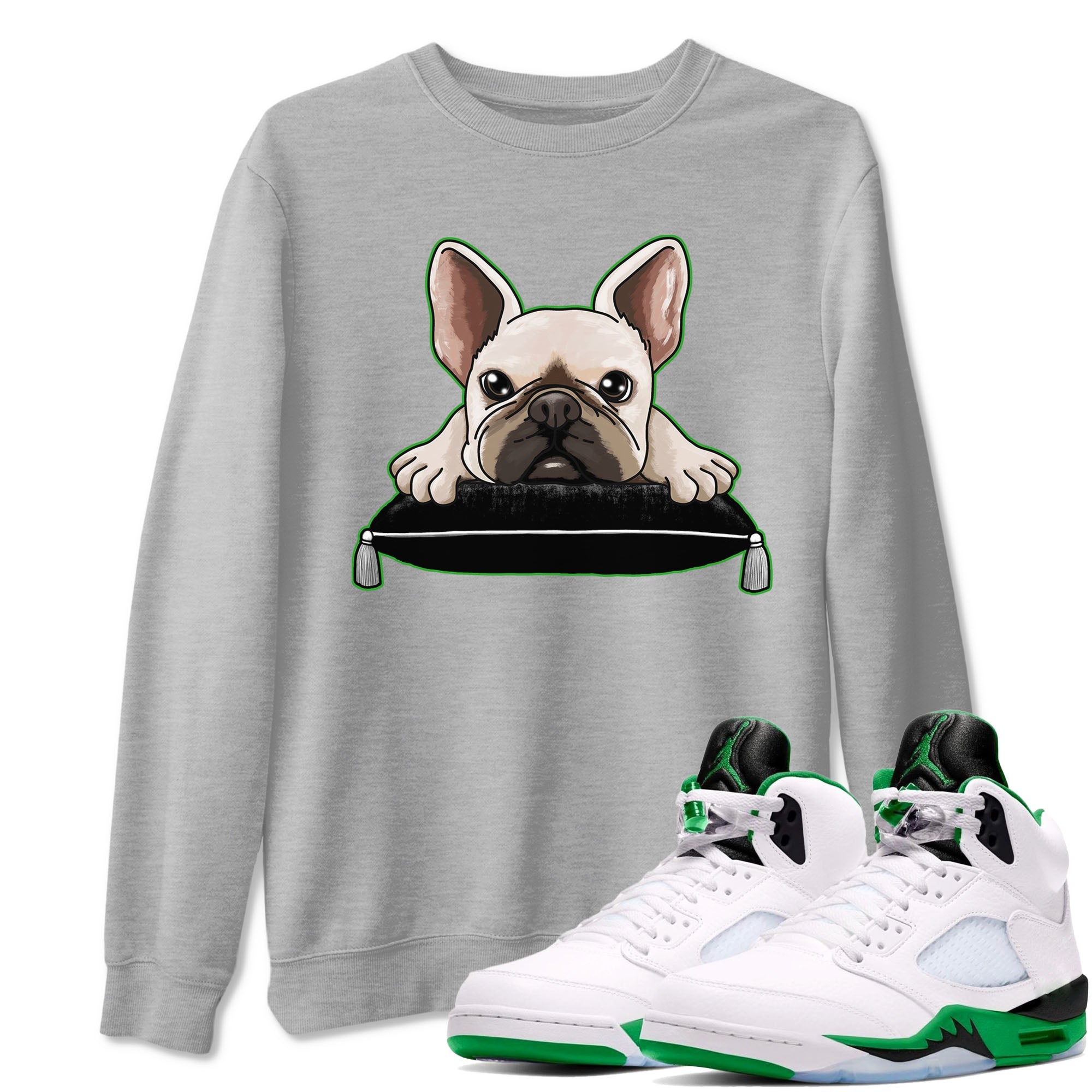 5s Lucky Green shirt to match jordans French Bulldog sneaker tees Air Jordan 5 Lucky Green Drip Gear Zone unisex cotton Heather Grey 1 crew neck shirt