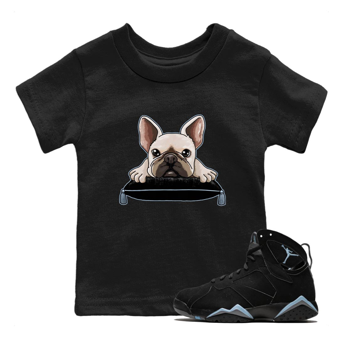 Air Jordan 7 Chambray shirt to match jordans French Bulldog Streetwear Sneaker Shirt AJ7 Chambray Drip Gear Zone Sneaker Matching Clothing Baby Toddler Black 1 T-Shirt
