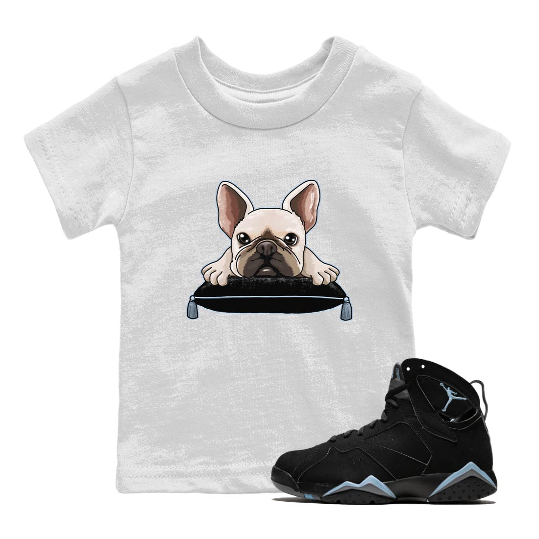 Air Jordan 7 Chambray shirt to match jordans French Bulldog Streetwear Sneaker Shirt AJ7 Chambray Drip Gear Zone Sneaker Matching Clothing Baby Toddler White 1 T-Shirt