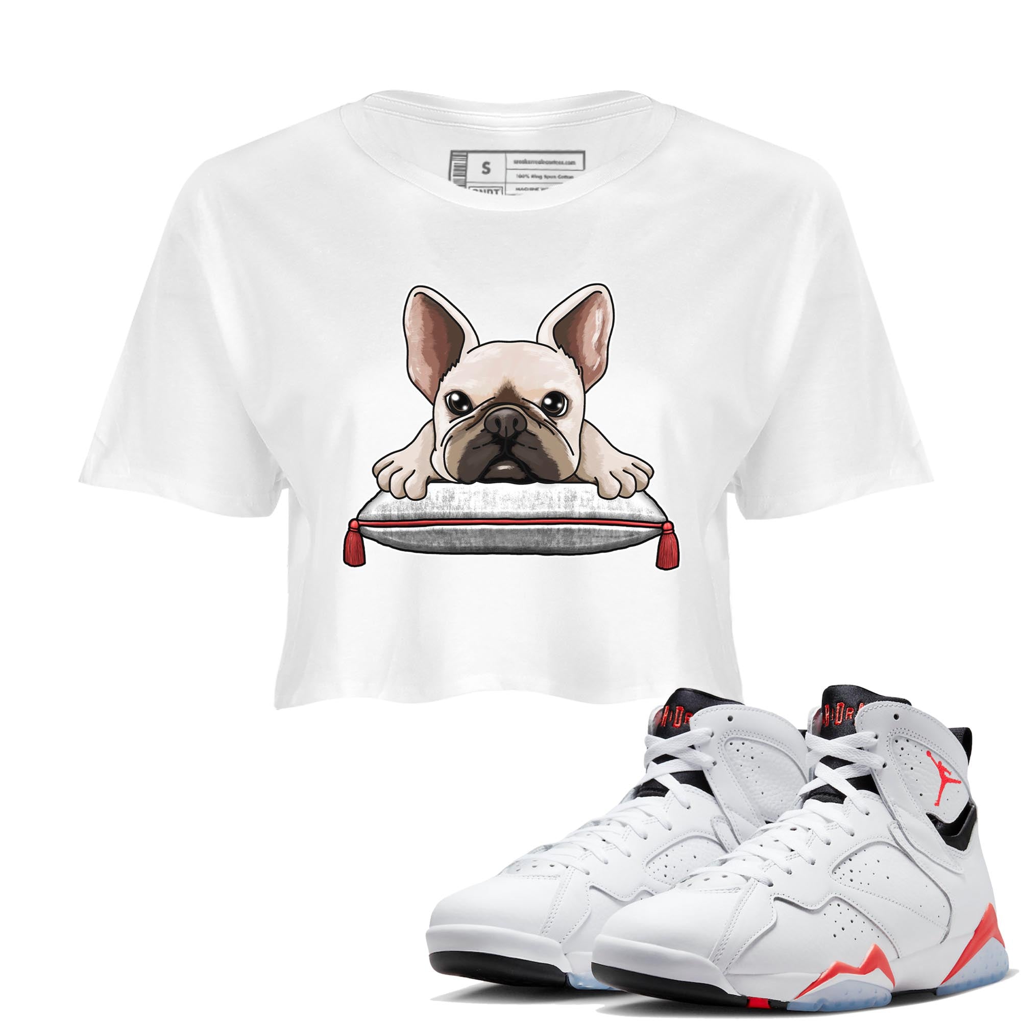 Air Jordan 7 White Infrared shirt to match jordans French Bulldog Streetwear Sneaker Shirt White Infrared 7s Drip Gear Zone Sneaker Matching Clothing White 1 Crop T-Shirt