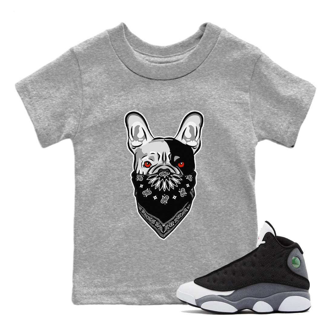 Air Jordan 13 Black Flint Sneaker Match Tees French Bulldog Bandana Streetwear Sneaker Shirt Air Jordan 13 Retro Black Flint Tee Kids Shirts Heather Grey 1