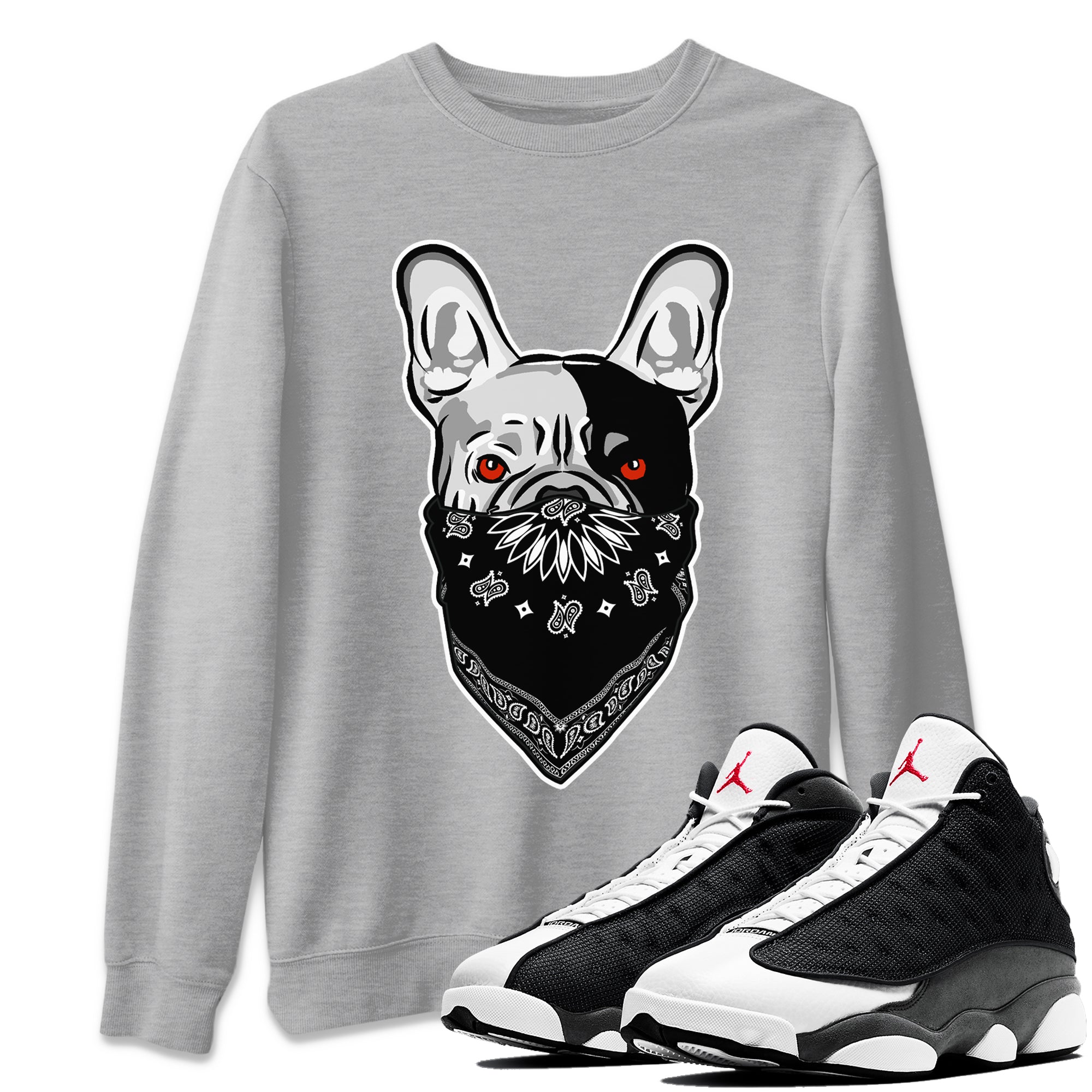 Air Jordan 13 Black Flint Sneaker Match Tees French Bulldog Bandana Streetwear Sneaker Shirt Air Jordan 13 Retro Black Flint Tee Unisex Shirts Heather Grey 1