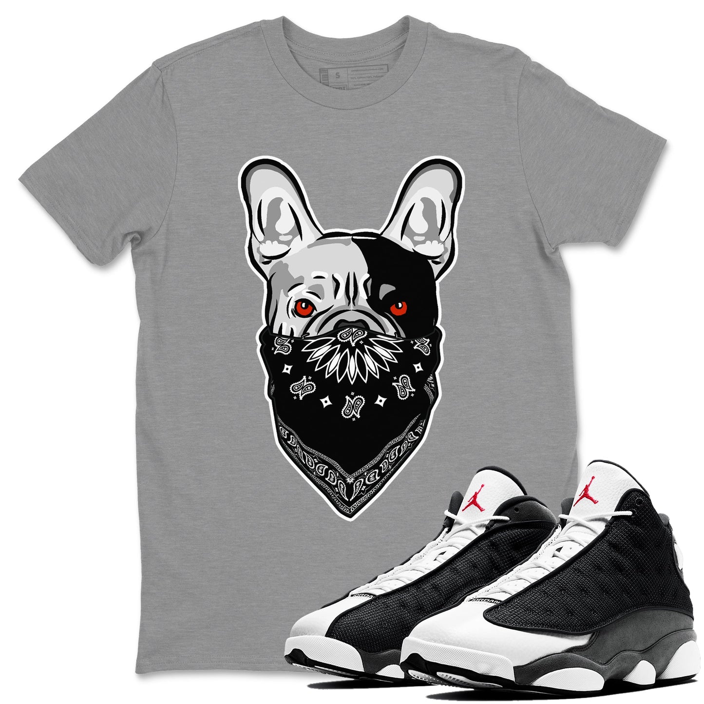 Air Jordan 13 Black Flint Sneaker Match Tees French Bulldog Bandana Streetwear Sneaker Shirt Air Jordan 13 Retro Black Flint Tee Unisex Shirts Heather Grey 1