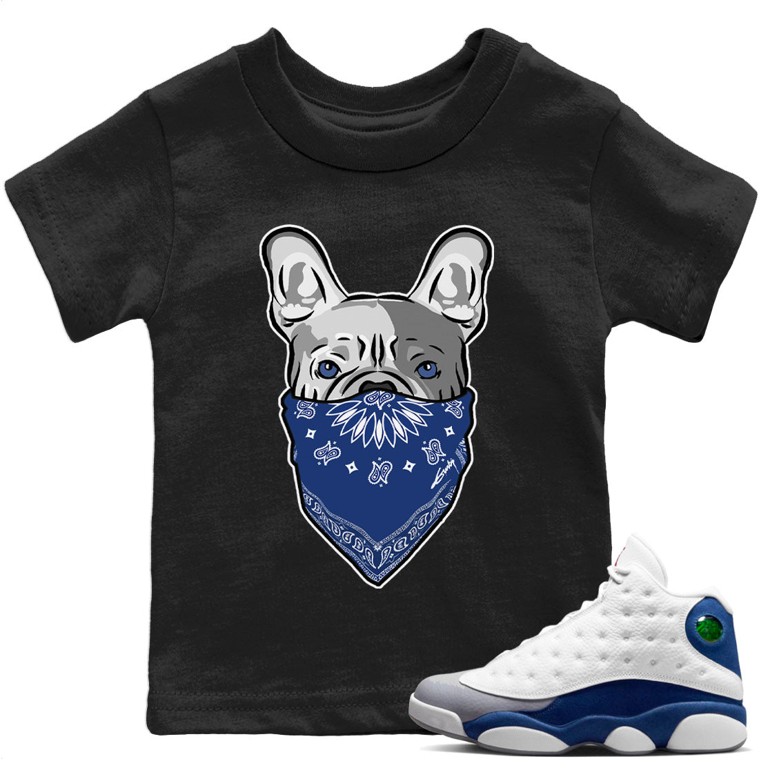 Jordan 13 French Blue Sneaker Matching T-Shirt French Bulldog Bandana Sneaker Tees Jordan 13 French Blue Sneaker Release Tees Kids Shirts