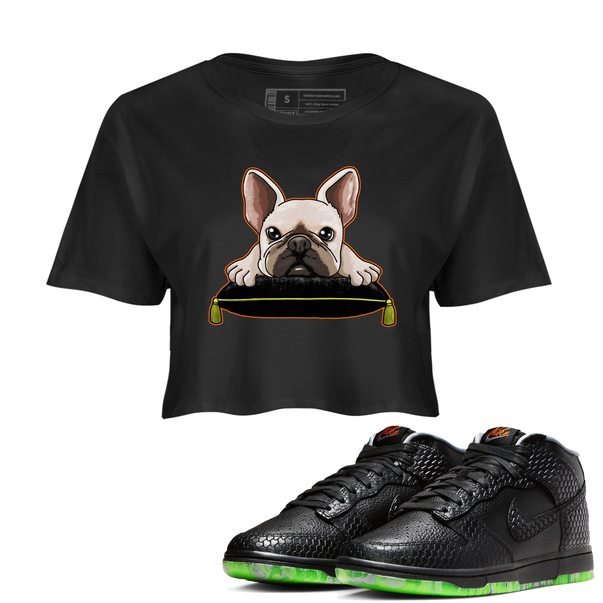 Dunk Halloween shirt to match jordans French Bulldog sneaker tees Dunk Mid Halloween Drip Gear Zone Sneaker Matching Clothing Brand Black 1 Crop T-Shirt