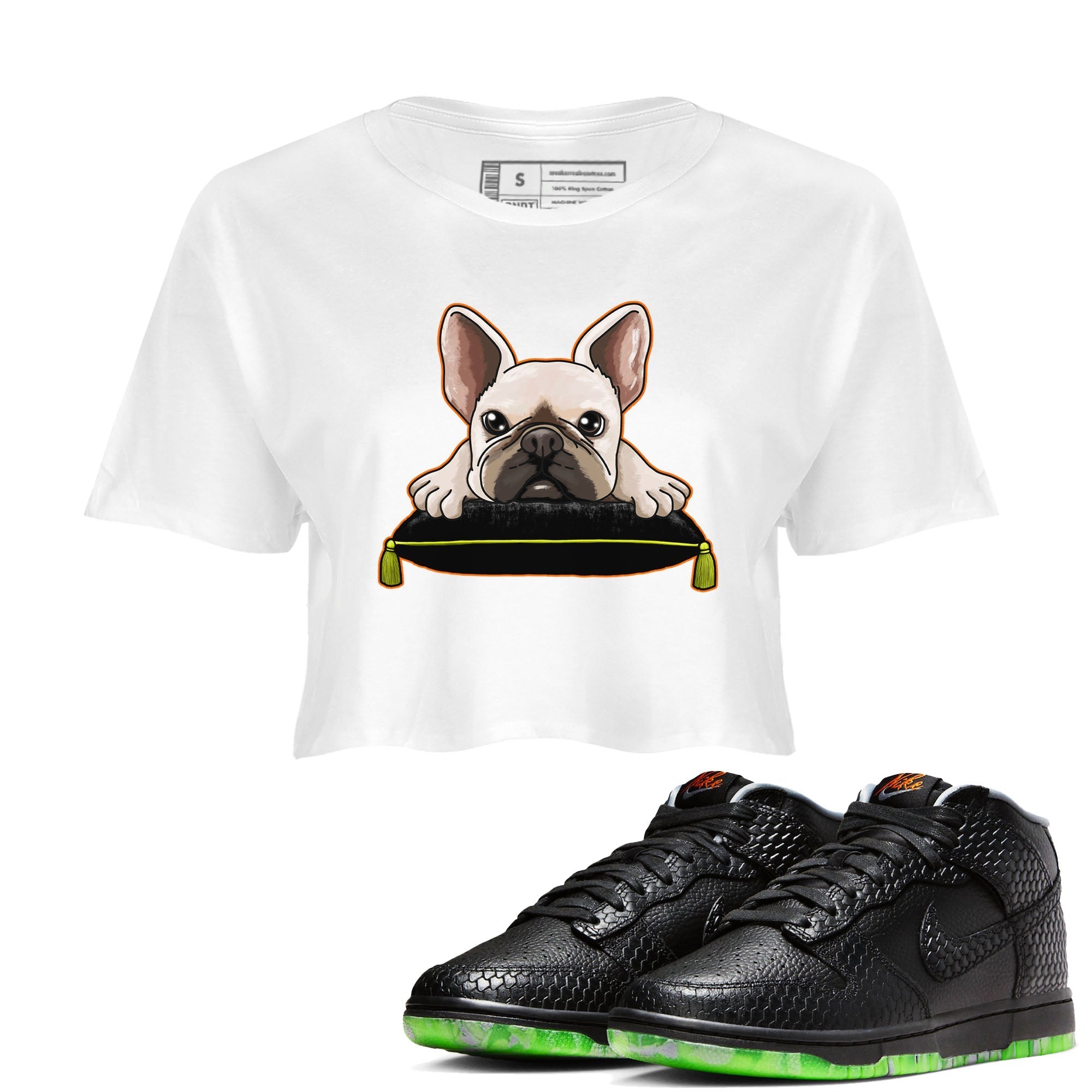 Dunk Halloween shirt to match jordans French Bulldog sneaker tees Dunk Mid Halloween Drip Gear Zone Sneaker Matching Clothing Brand White 1 Crop T-Shirt