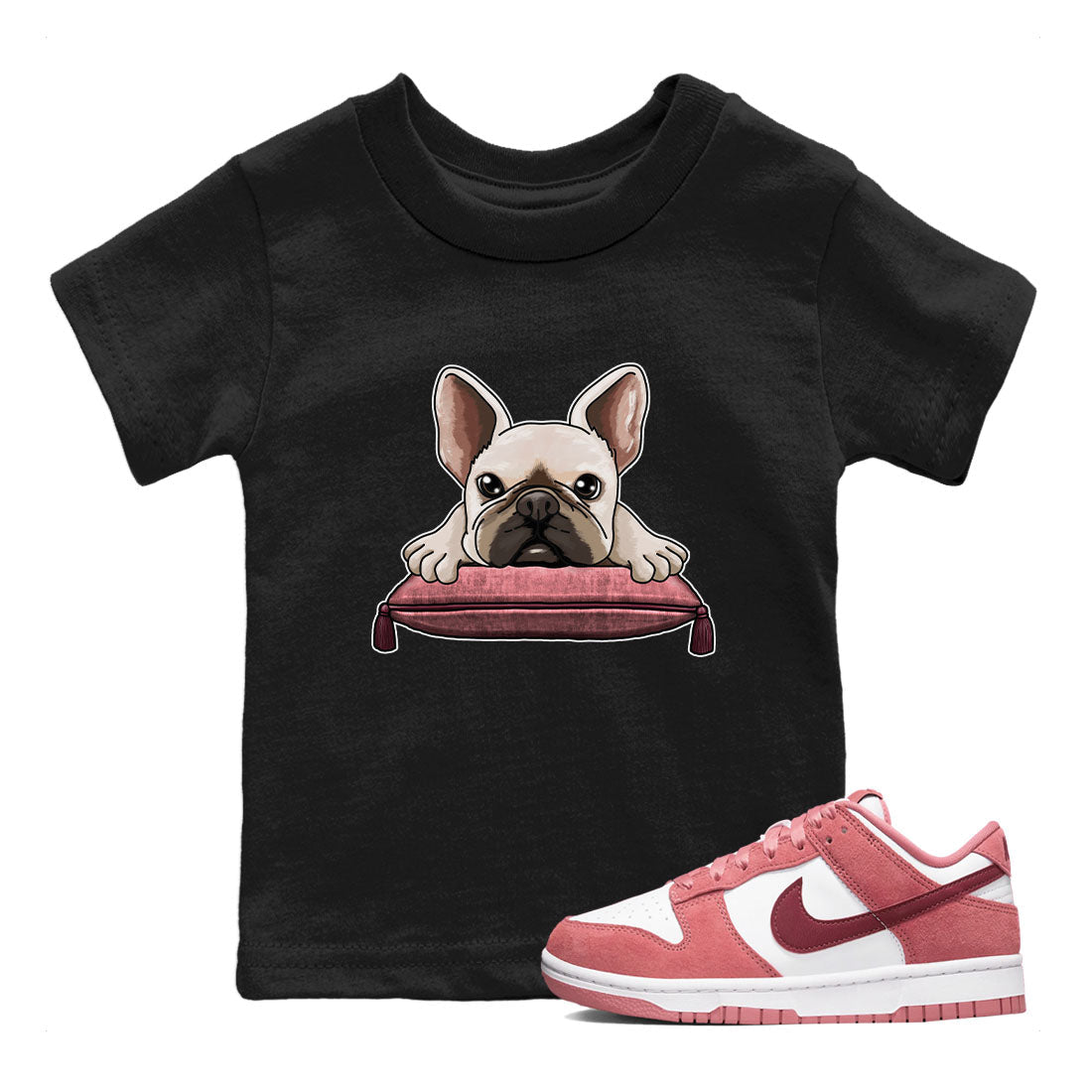 Dunk Valentine's Day shirt to match jordans French Bulldog sneaker tees Dunks Valentine's Day Drip Gear Zone baby toddler Black 1 cotton Shirt