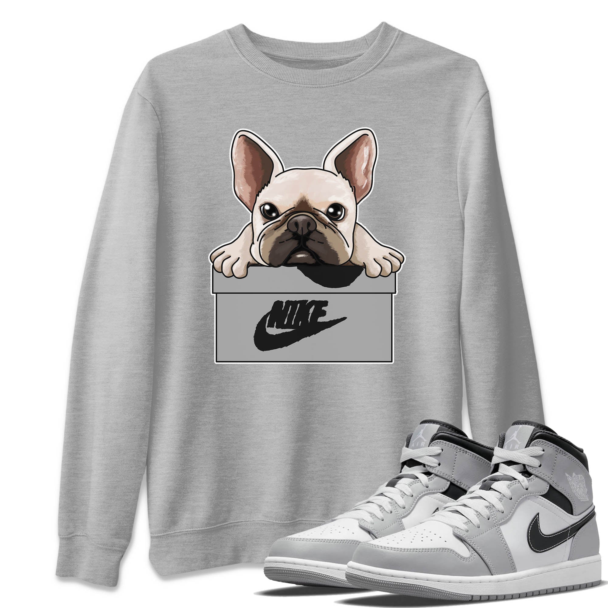 Jordan 1 Light Smoke Grey Sneaker Matching T-Shirt French Bulldog Sneaker Tees Jordan 1 Light Smoke Grey Sneaker Release Tees Crew Neck Tees