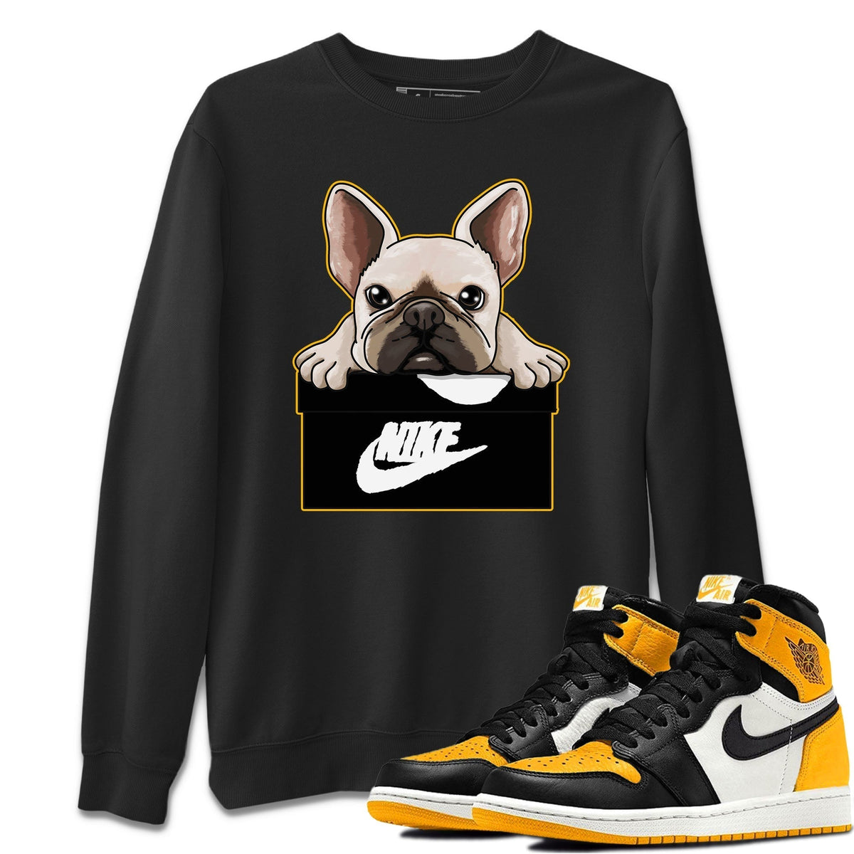 Jordan 1 Taxi Sneaker Matching T-Shirt French Bulldog Sneaker Tees Jordan 1 Taxi Sneaker Release Tees Crew Neck Tees
