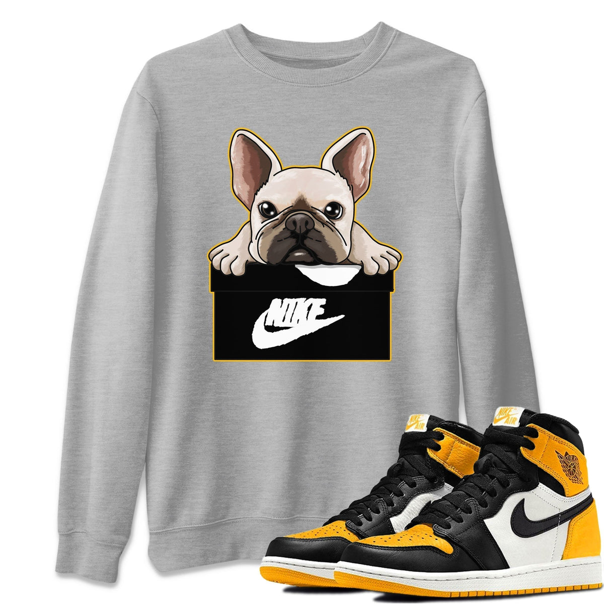 Jordan 1 Taxi Sneaker Matching T-Shirt French Bulldog Sneaker Tees Jordan 1 Taxi Sneaker Release Tees Crew Neck Tees