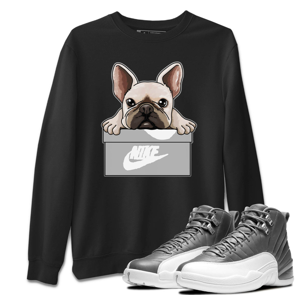 Jordan 12 Stealth Sneaker Matching T-Shirt French Bulldog Sneaker Tees Jordan 12 Stealth Sneaker Release Tees Crew Neck Tees