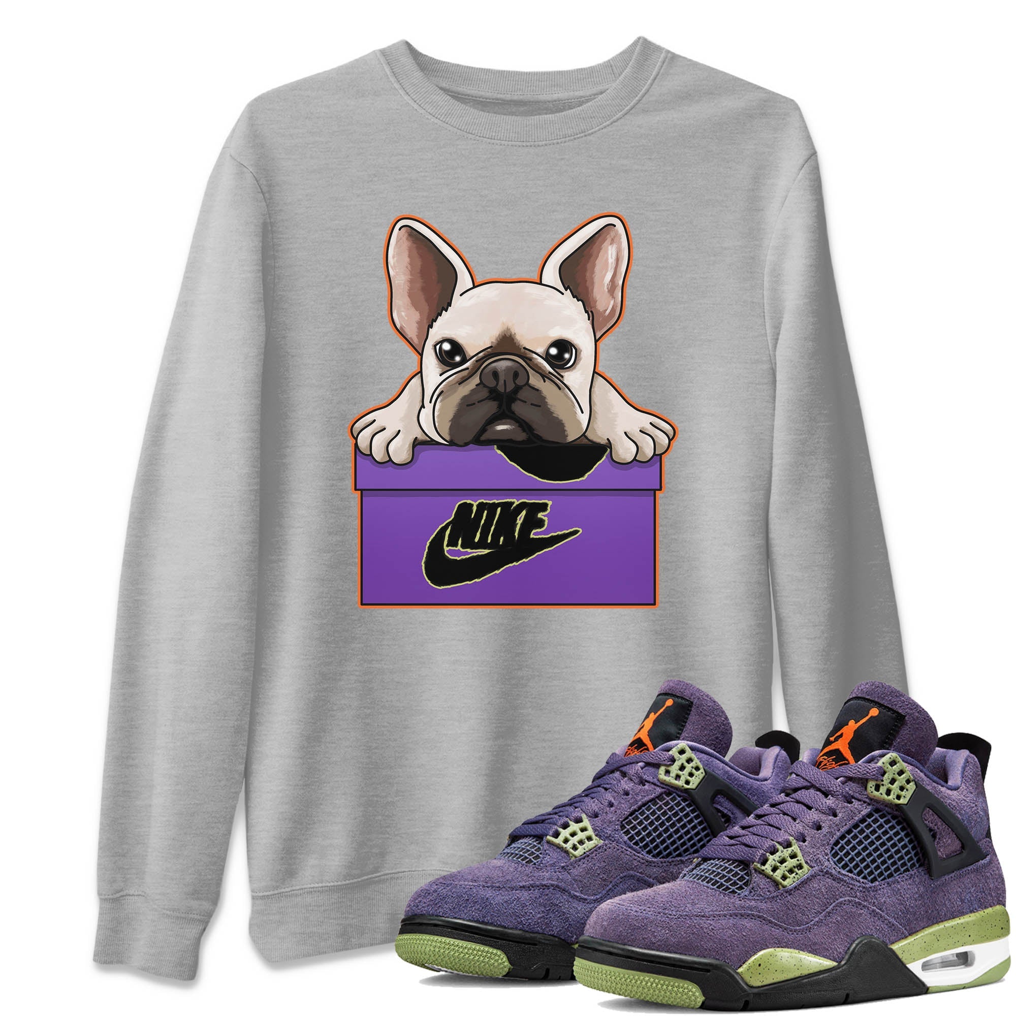 Jordan 4 Canyon Purple Sneaker Matching T-Shirt French Bulldog Sneaker Tees Jordan 4 Canyon Purple Sneaker Release Tees Crew Neck Tees