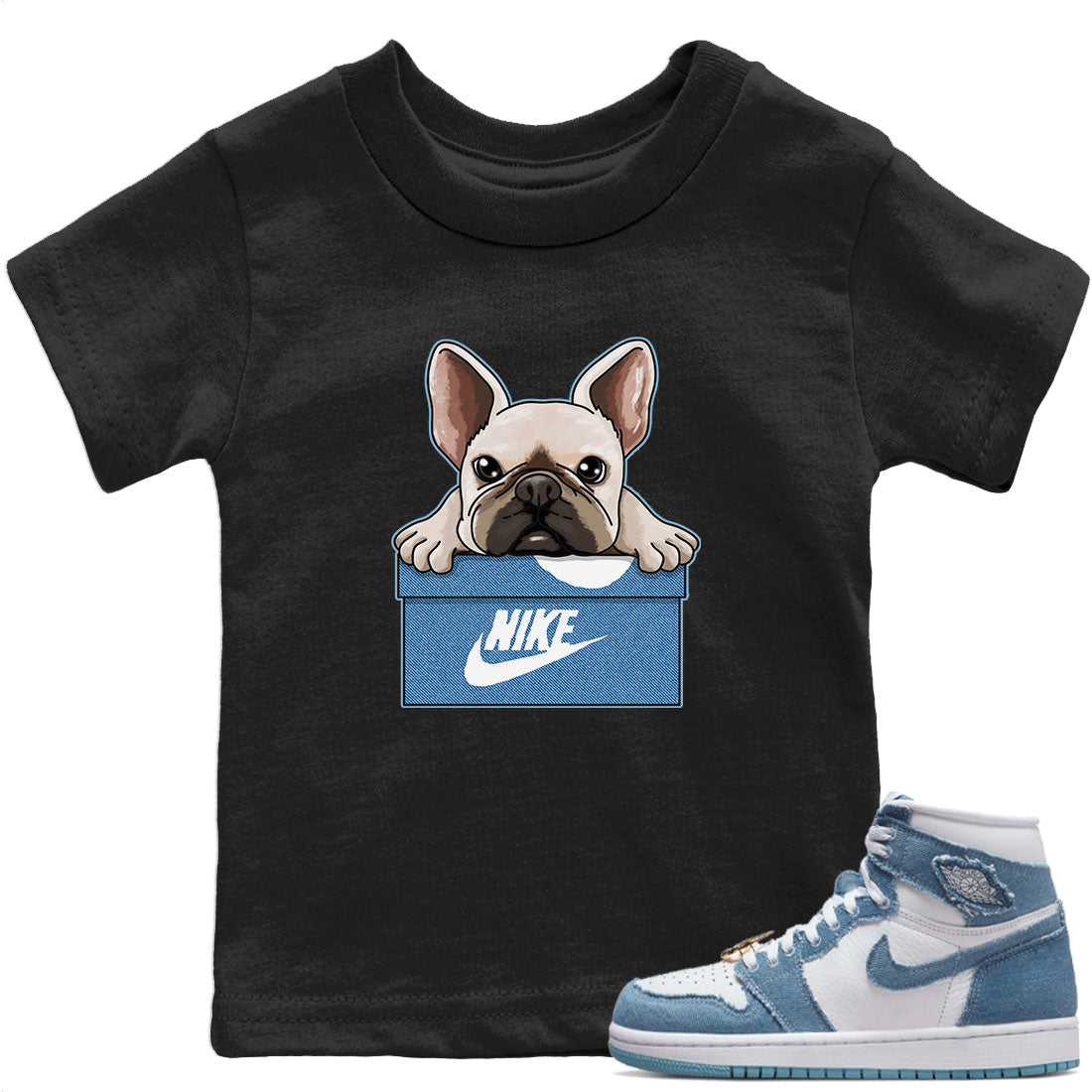 Jordan 1 Denim Sneaker Matching T-Shirt French Bulldog Sneaker Tees Jordan 1 Denim Sneaker Release Tees Kids Shirts
