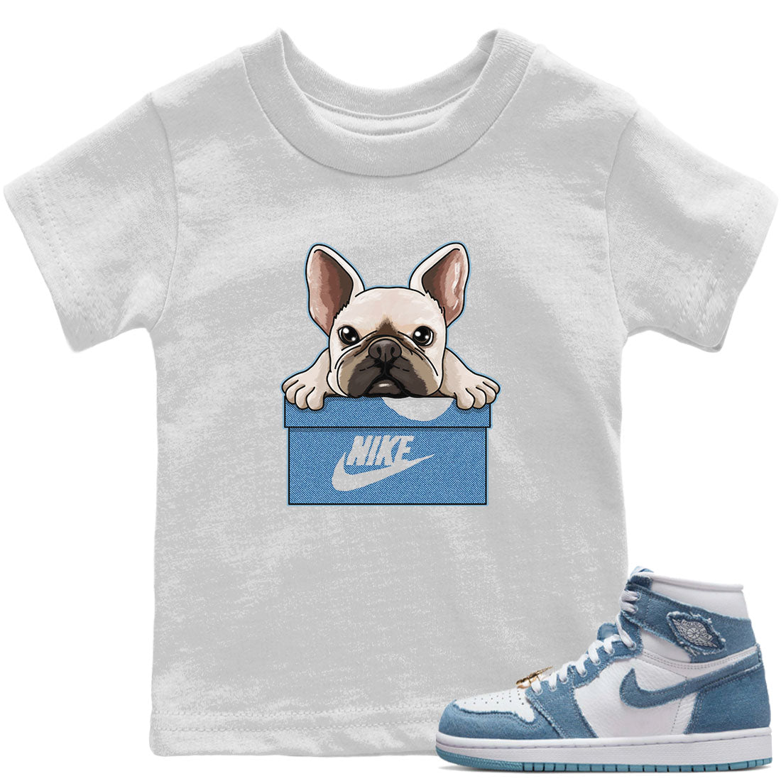 Jordan 1 Denim Sneaker Matching T-Shirt French Bulldog Sneaker Tees Jordan 1 Denim Sneaker Release Tees Kids Shirts
