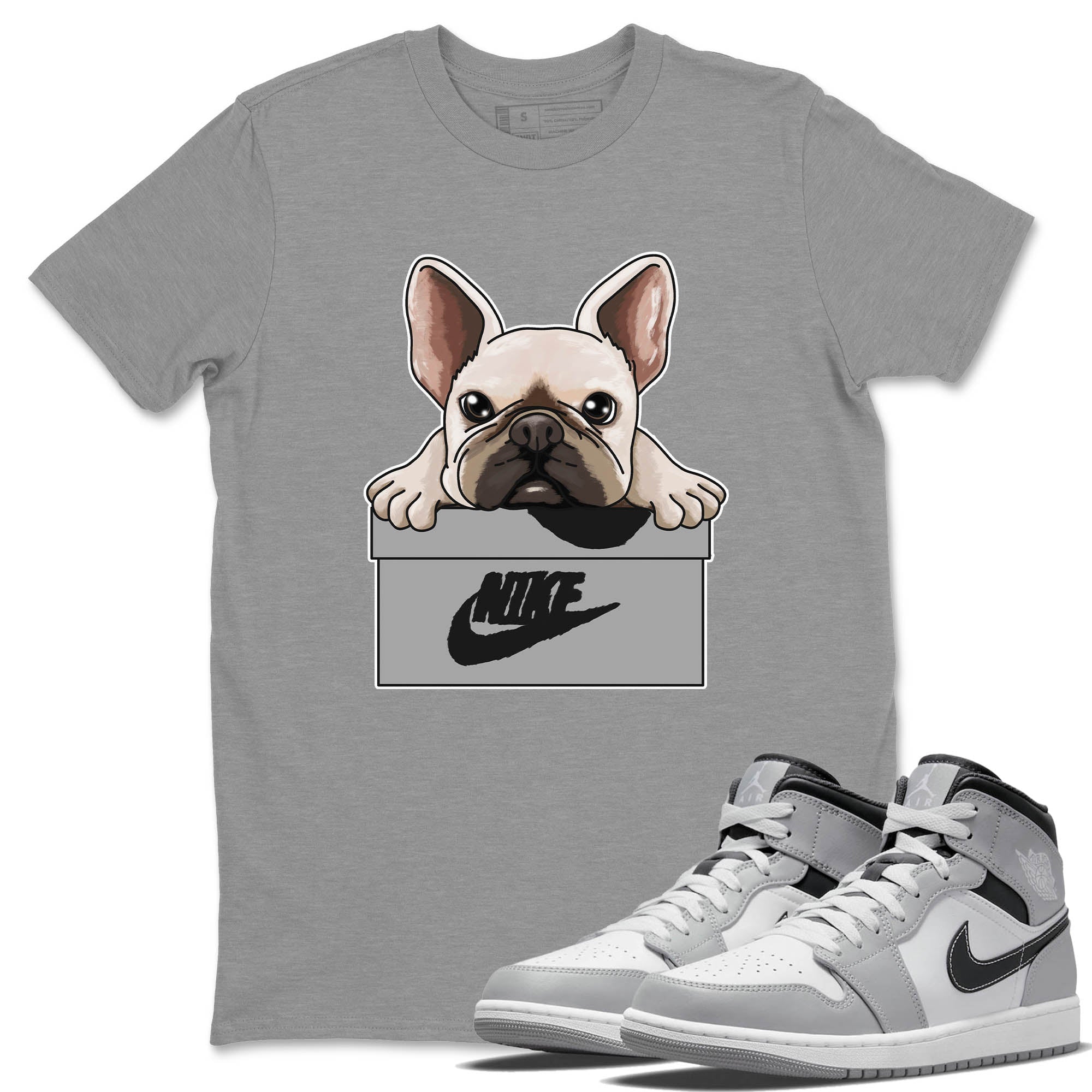 Jordan 1 Light Smoke Grey Sneaker Matching T-Shirt French Bulldog Sneaker Tees Jordan 1 Light Smoke Grey Sneaker Release Tees Crew Neck Tees