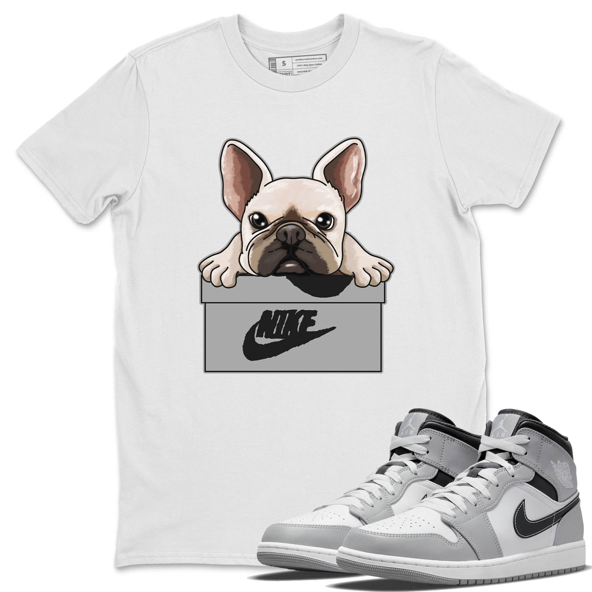 Jordan 1 Light Smoke Grey Sneaker Matching T-Shirt French Bulldog Sneaker Tees Jordan 1 Light Smoke Grey Sneaker Release Tees Crew Neck Tees