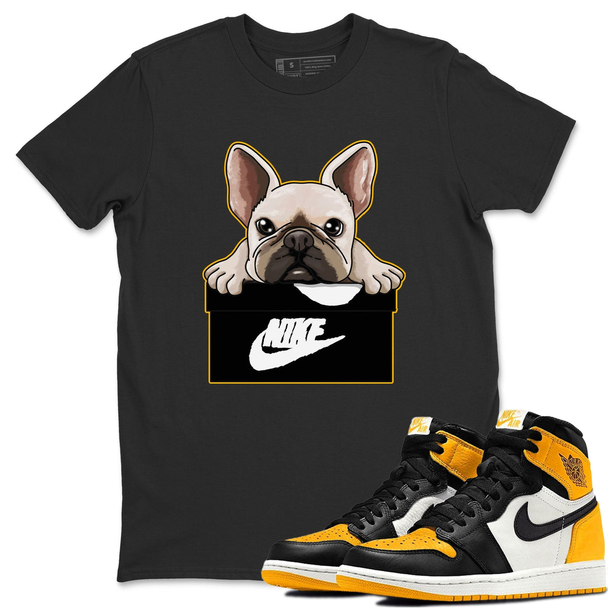 Jordan 1 Taxi Sneaker Matching T-Shirt French Bulldog Sneaker Tees Jordan 1 Taxi Sneaker Release Tees Crew Neck Tees