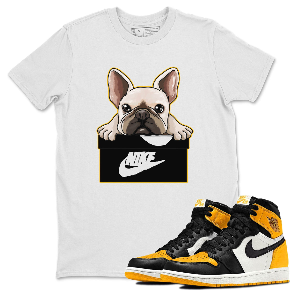 Jordan 1 Taxi Sneaker Matching T-Shirt French Bulldog Sneaker Tees Jordan 1 Taxi Sneaker Release Tees Crew Neck Tees