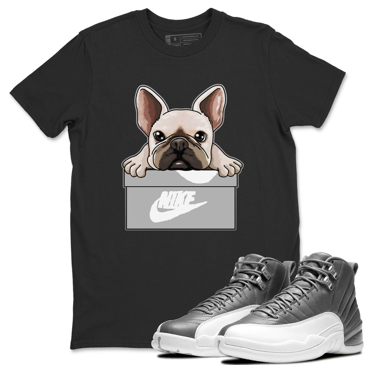 Jordan 12 Stealth Sneaker Matching T-Shirt French Bulldog Sneaker Tees Jordan 12 Stealth Sneaker Release Tees Crew Neck Tees