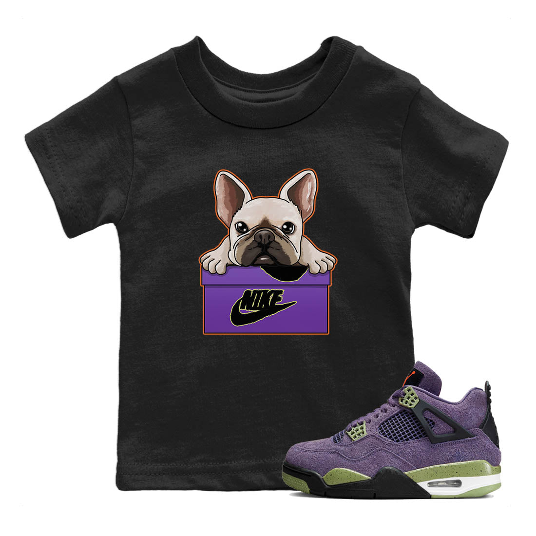 Jordan 4 Canyon Purple Sneaker Matching T-Shirt French Bulldog Sneaker Tees Jordan 4 Canyon Purple Sneaker Release Tees Kids Shirts