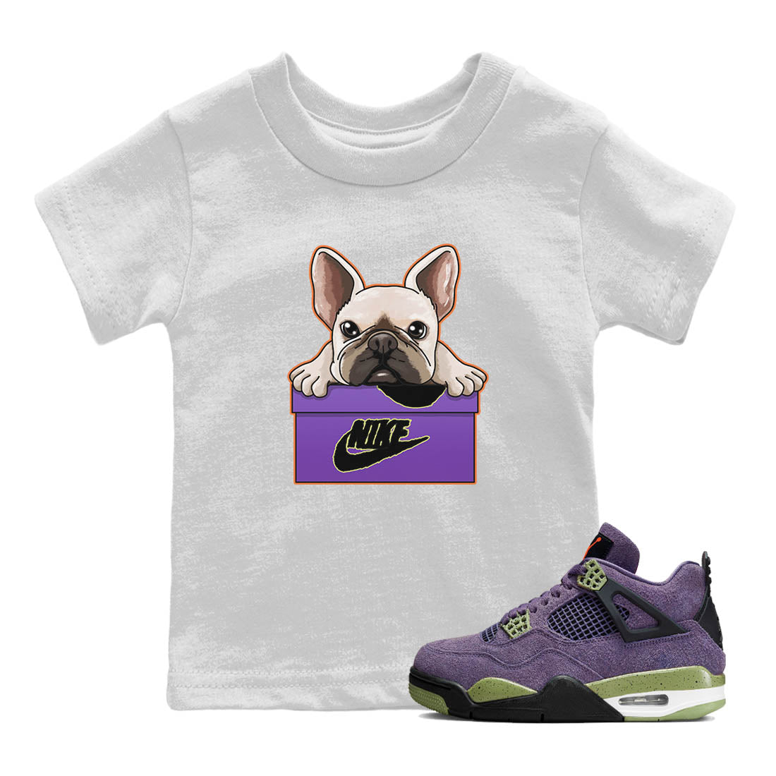 Jordan 4 Canyon Purple Sneaker Matching T-Shirt French Bulldog Sneaker Tees Jordan 4 Canyon Purple Sneaker Release Tees Kids Shirts