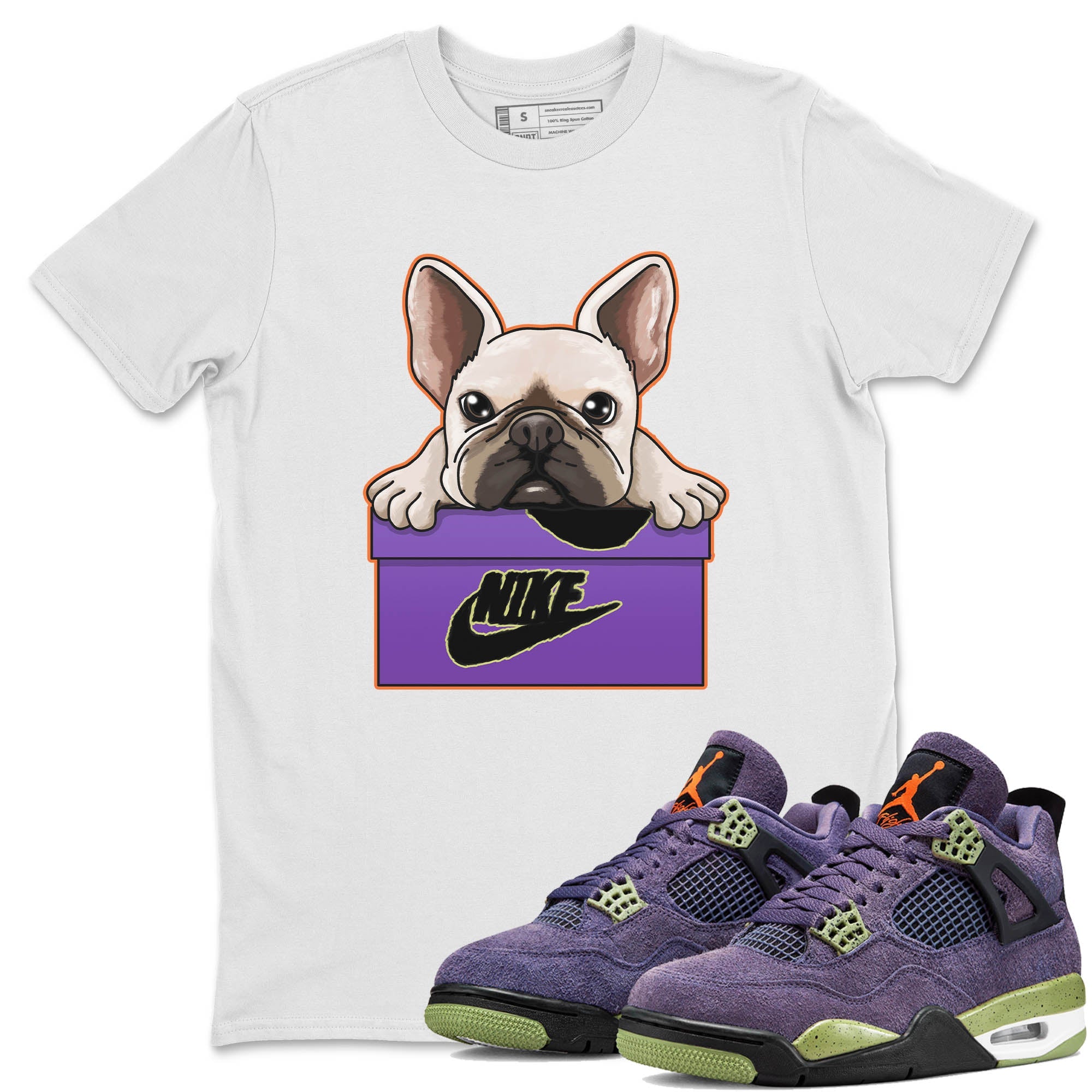Jordan 4 Canyon Purple Sneaker Matching T-Shirt French Bulldog Sneaker Tees Jordan 4 Canyon Purple Sneaker Release Tees Crew Neck Tees