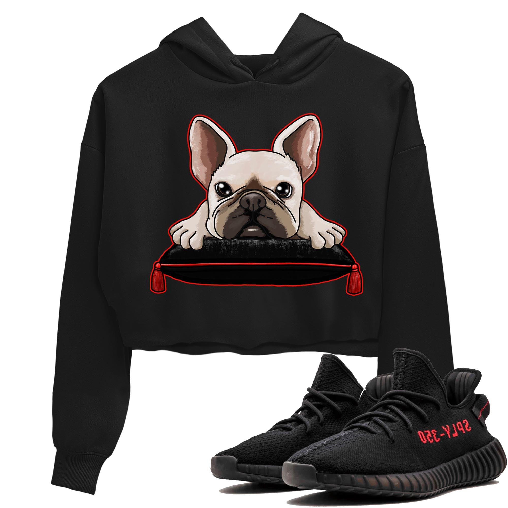 Yeezy 350 Bred shirt to match jordans French Bulldog Streetwear Sneaker Shirt Yeezy Boost 350 V2 Bred Drip Gear Zone Sneaker Matching Clothing Black 1 Crop T-Shirt