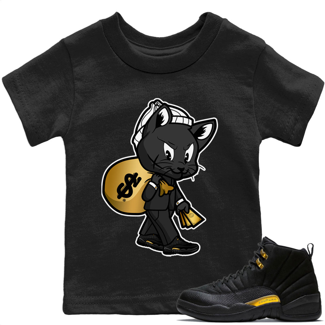 Jordan 12 Black Taxi Sneaker Matching T-Shirt Gangster Cat Sneaker Tees Jordan 12 Black Taxi Sneaker Release Tees Kids Shirts