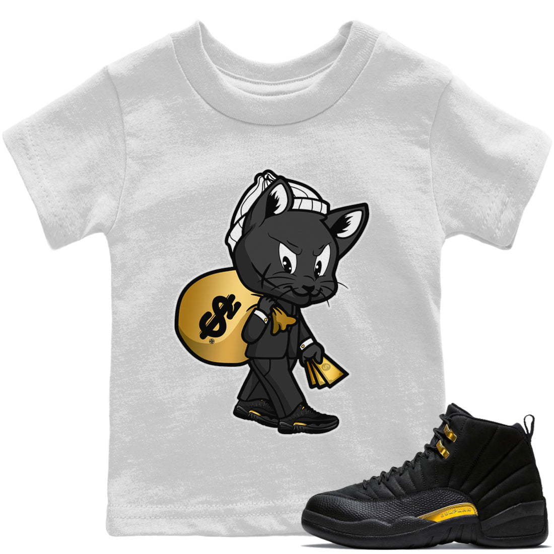 Jordan 12 Black Taxi Sneaker Matching T-Shirt Gangster Cat Sneaker Tees Jordan 12 Black Taxi Sneaker Release Tees Kids Shirts