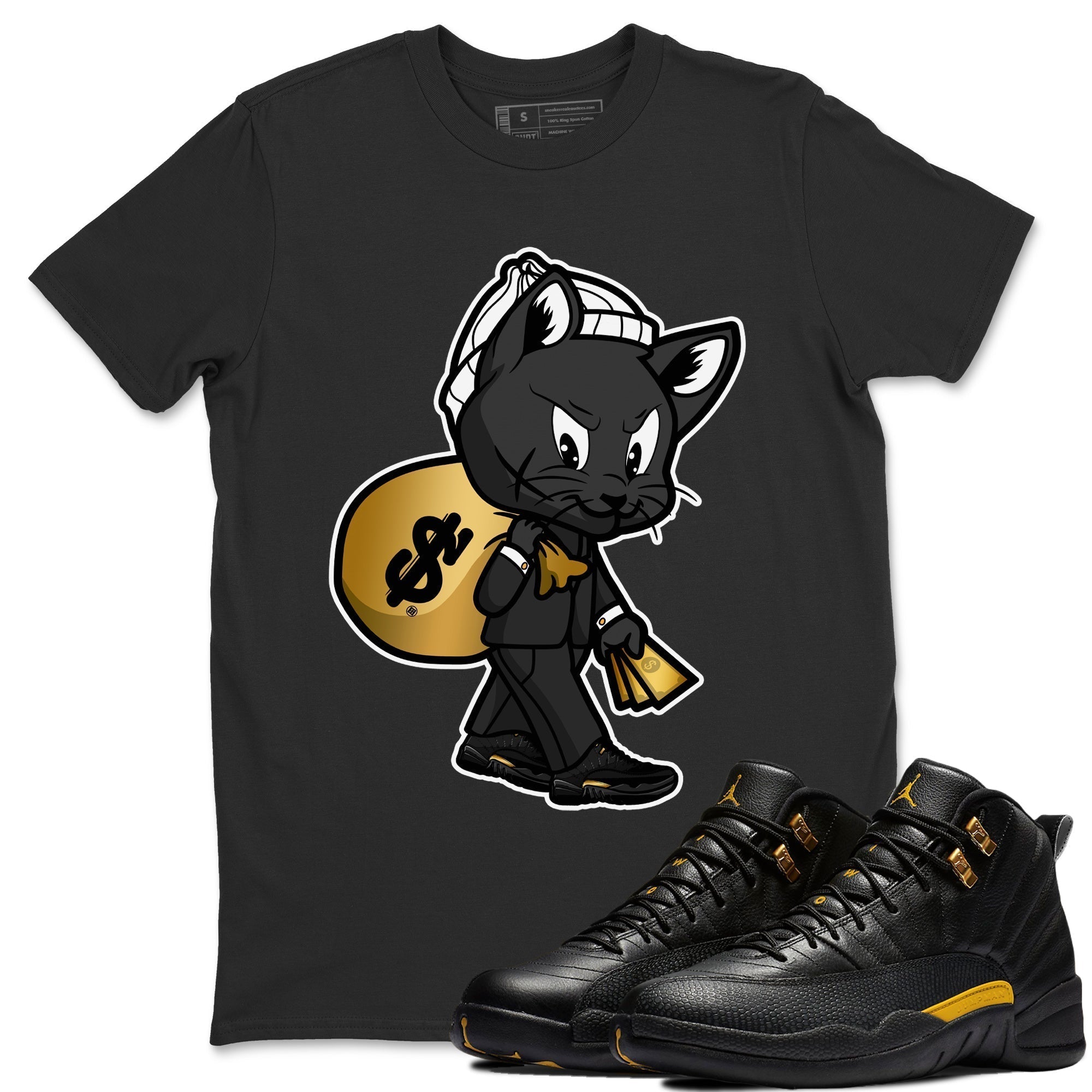 Jordan 12 Black Taxi Sneaker Matching T-Shirt Gangster Cat Sneaker Tees Jordan 12 Black Taxi Sneaker Release Tees Crew Neck Tees