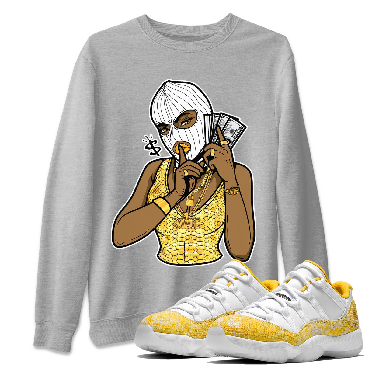 Jordan 11 Yellow Python Sneaker Matching T-Shirt Gangster Women Sneaker Tees Jordan 11 Yellow Python Sneaker Release Tees Crew Neck Tees