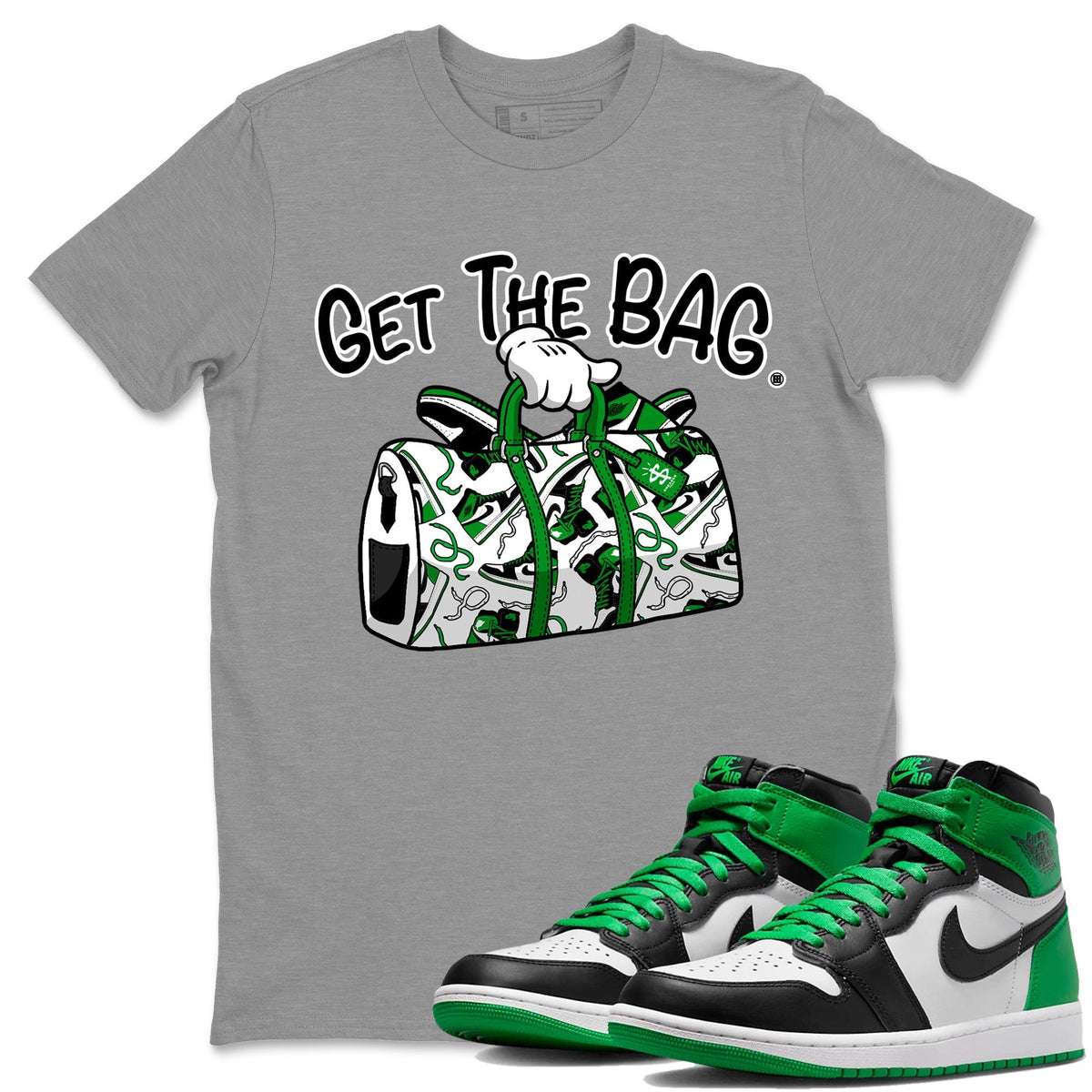 Air Jordan 1 Celtics Get The Bag Crew Neck Sneaker Tees Air Jordan 1 Retro Celtics Sneaker T-Shirts Size Chart