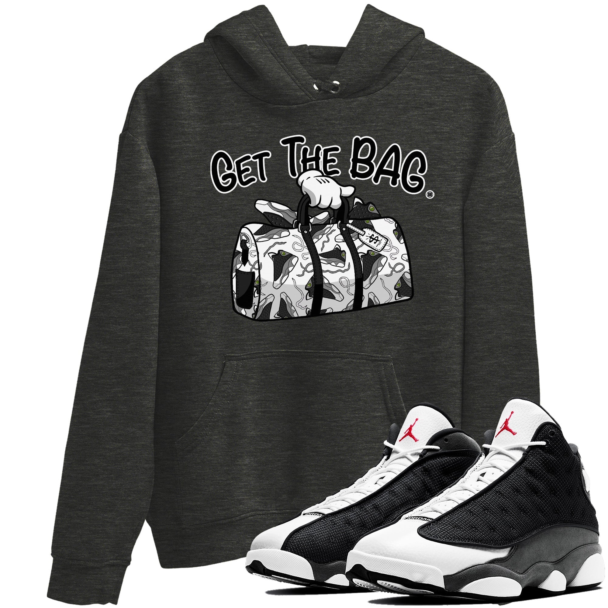 Air Jordan 13 Black Flint Sneaker Match Tees Get The Bag Streetwear Sneaker Shirt Air Jordan 13 Retro Black Flint Sneaker Release Tees Unisex Shirts Charcoal Heather 1
