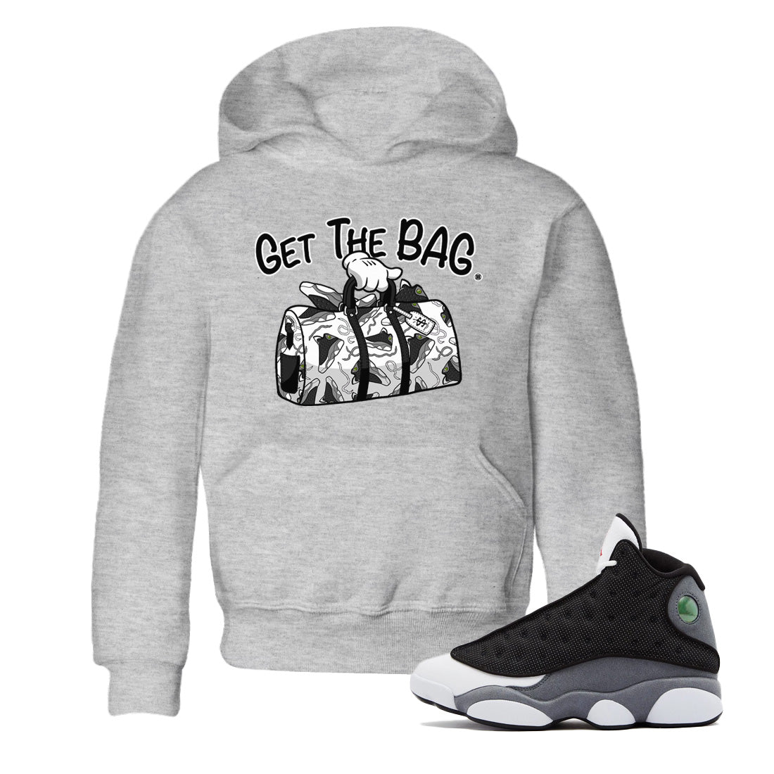 Air Jordan 13 Black Flint Sneaker Match Tees Get The Bag Streetwear Sneaker Shirt Air Jordan 13 Retro Black Flint Sneaker Release Tees Kids Shirts Heather Grey 1