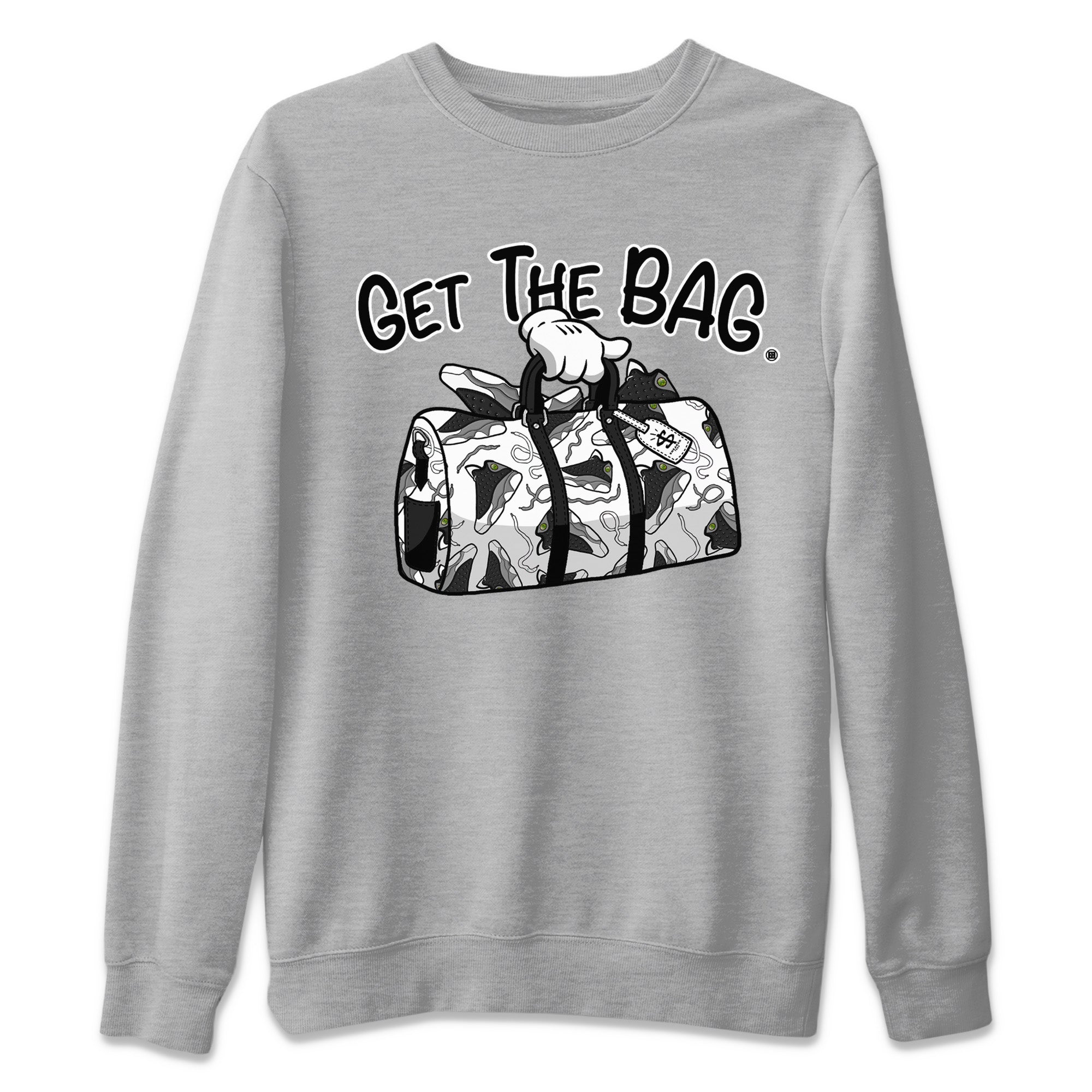 Air Jordan 13 Black Flint Sneaker Match Tees Get The Bag Streetwear Sneaker Shirt Air Jordan 13 Retro Black Flint Sneaker Release Tees Unisex Shirts Heather Grey 2