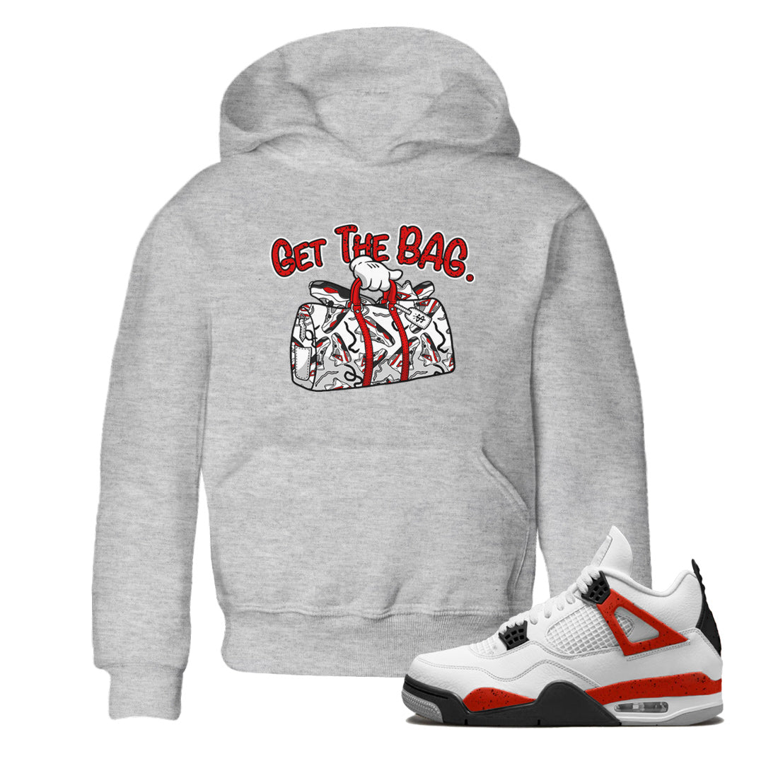 Jordan 4 Red Cement Tees Outfits Get The Bag Streetwear Sneaker Shirt Air Jordan 4 Red Cement Sneaker Release Tees Kids Shirts Heather Grey 1