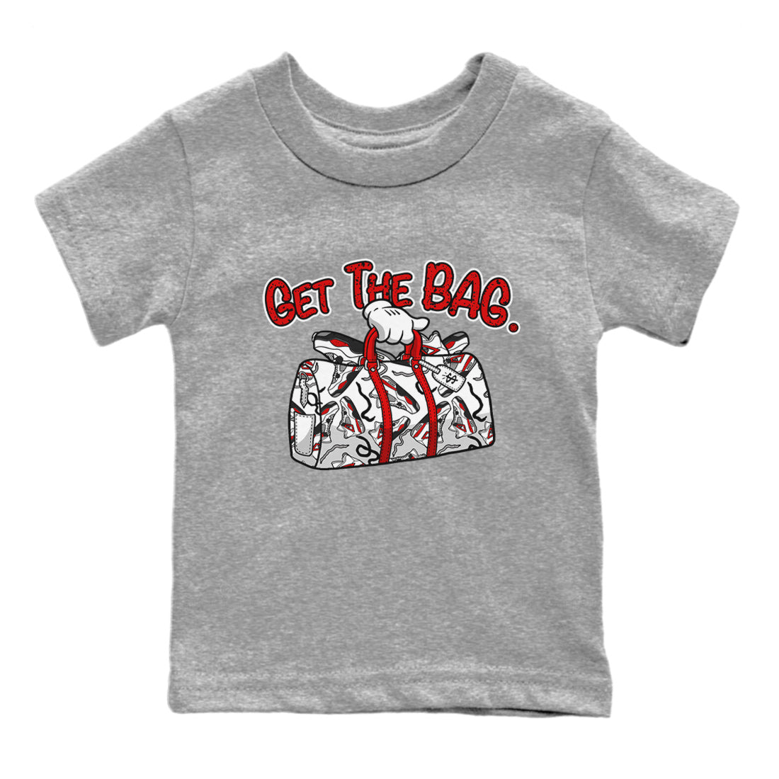 Jordan 4 Red Cement Tees Outfits Get The Bag Streetwear Sneaker Shirt Air Jordan 4 Red Cement Sneaker Release Tees Kids Shirts Heather Grey 2