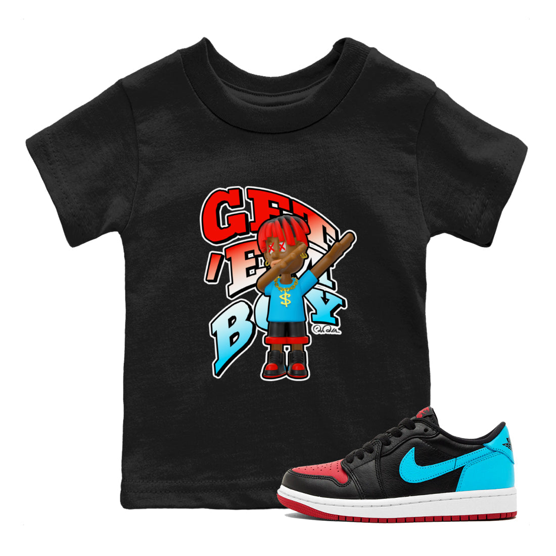 Air Jordan 1 UNC to Chicago Sneaker Match Tees Get'em Boy Streetwear Sneaker Shirt AJ1 UNC to Chicago Sneaker Release Tees Kids Shirts Black 1
