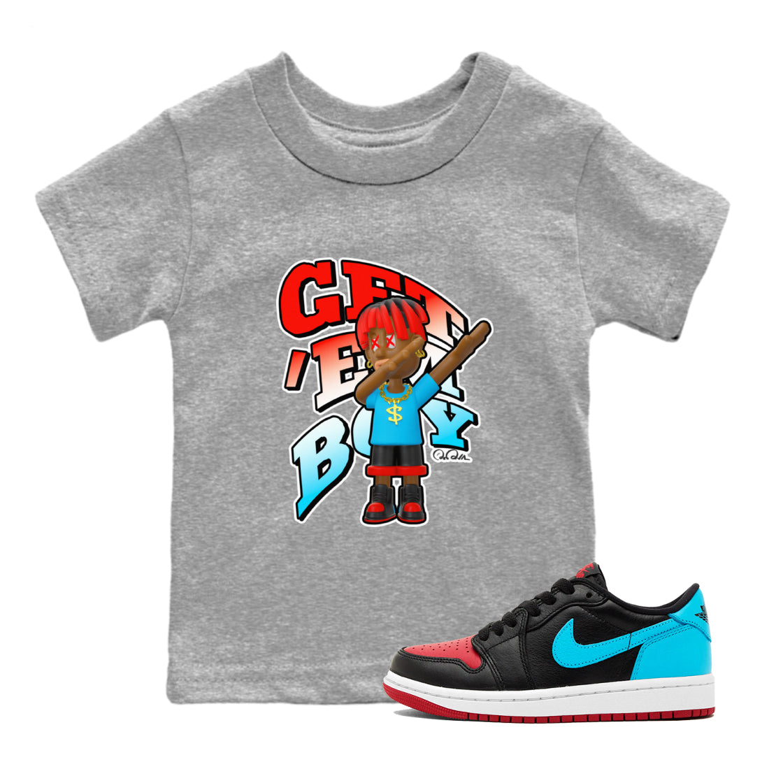 Air Jordan 1 UNC to Chicago Sneaker Match Tees Get'em Boy Streetwear Sneaker Shirt AJ1 UNC to Chicago Sneaker Release Tees Kids Shirts Heather Grey 1