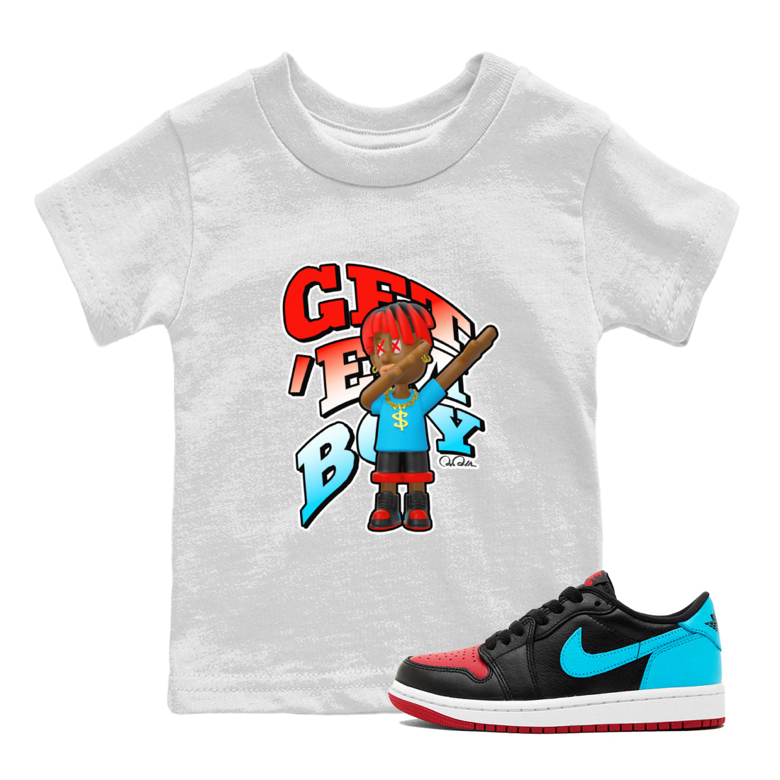 Air Jordan 1 UNC to Chicago Sneaker Match Tees Get'em Boy Streetwear Sneaker Shirt AJ1 UNC to Chicago Sneaker Release Tees Kids Shirts White 1